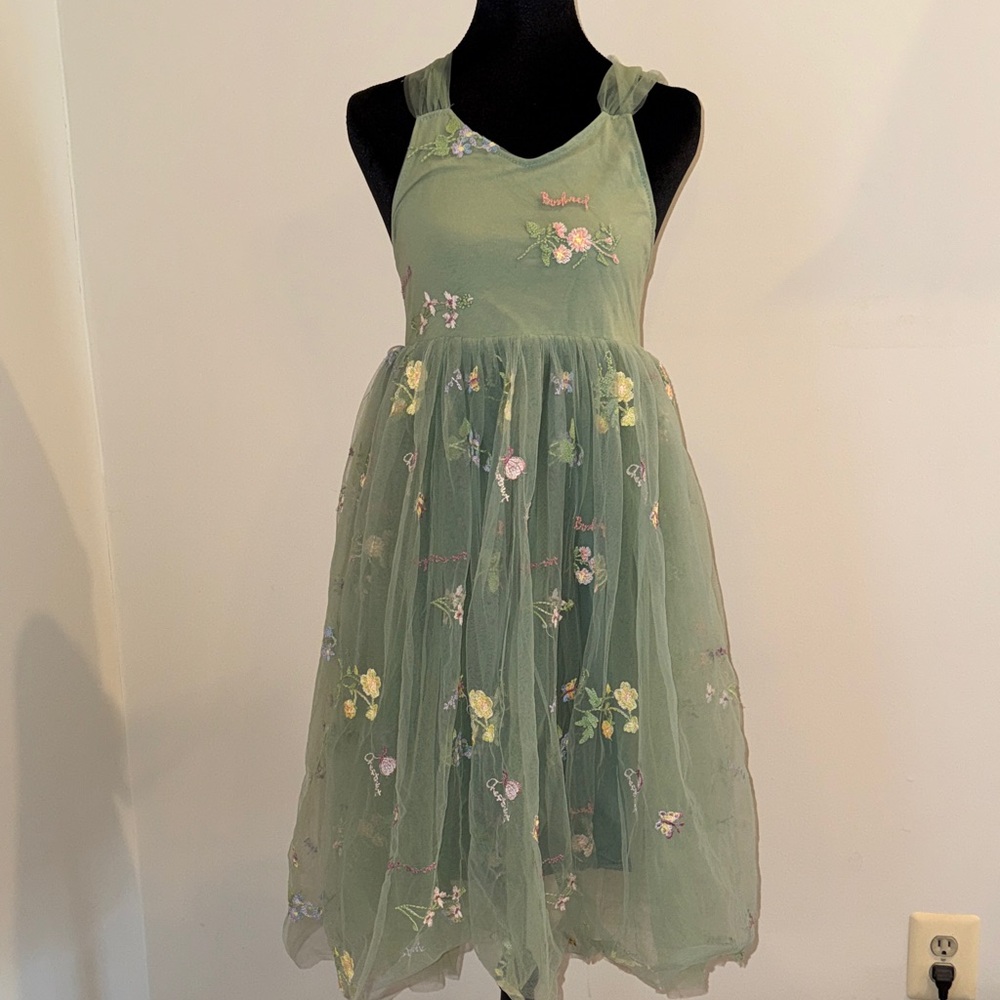 Floral Embroidered Green Kids Flower Girl Dress